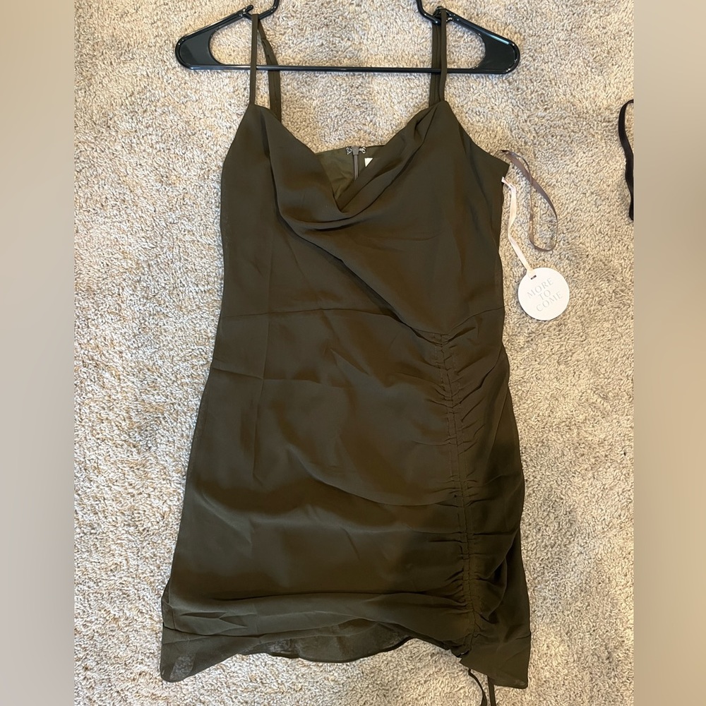 Olive ruched mini dress with tags